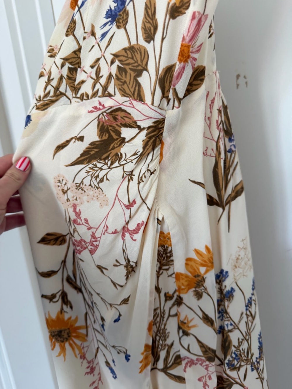 Reformation Kourtney cream dress with brown and blue floral accents - Picture 9 of 11